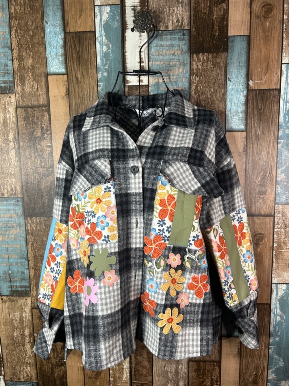 Redone patched plaid button down Shacket
